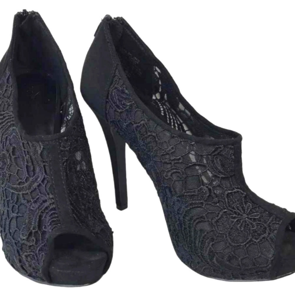 Apt.9 Womens Heels Size 8 Black Textile Upper Embroidered Stilleto Peep Toe